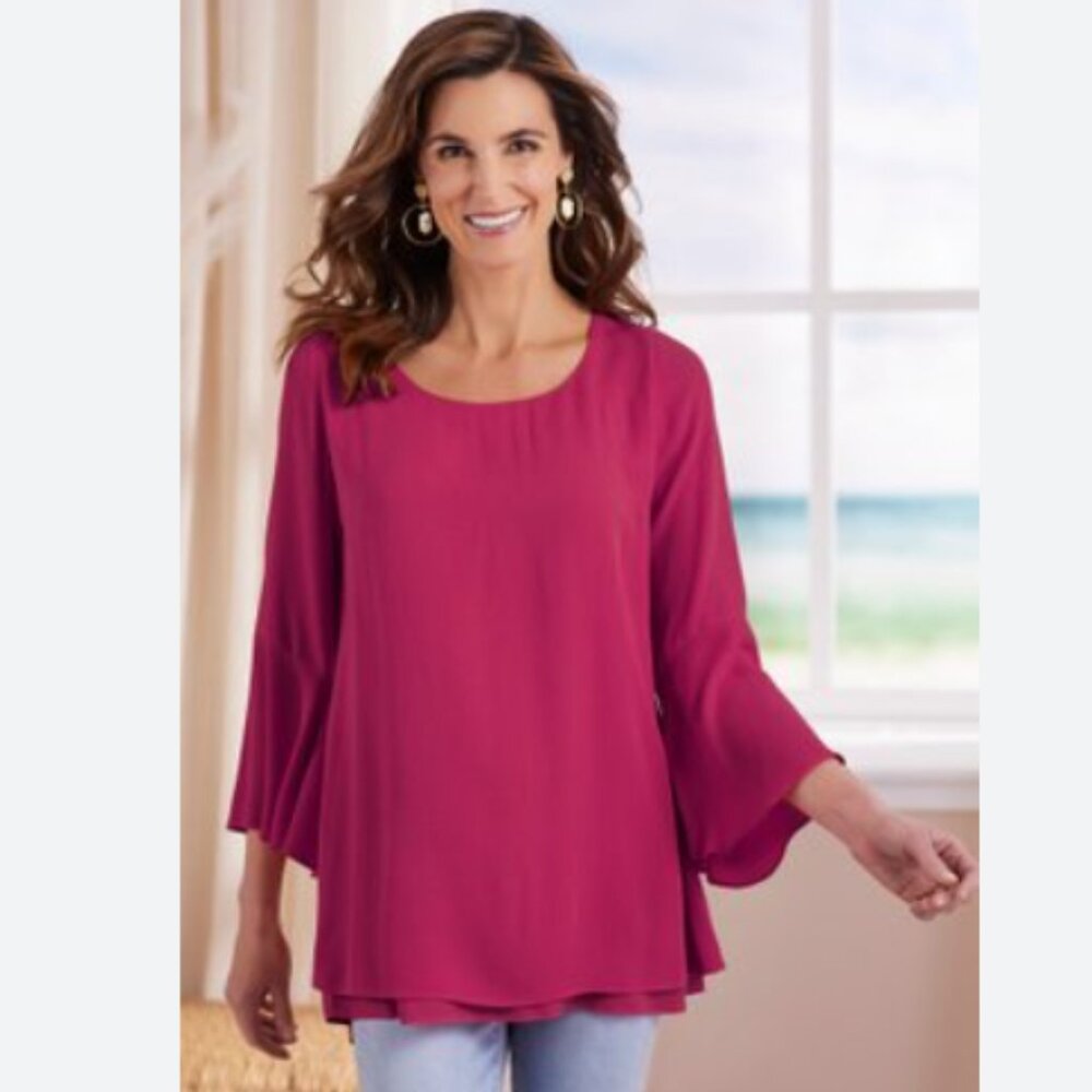 Soft Surroundings Top Women's Medium Pink Gabby Tunic Flowy Scoop Neck Bell Slv.